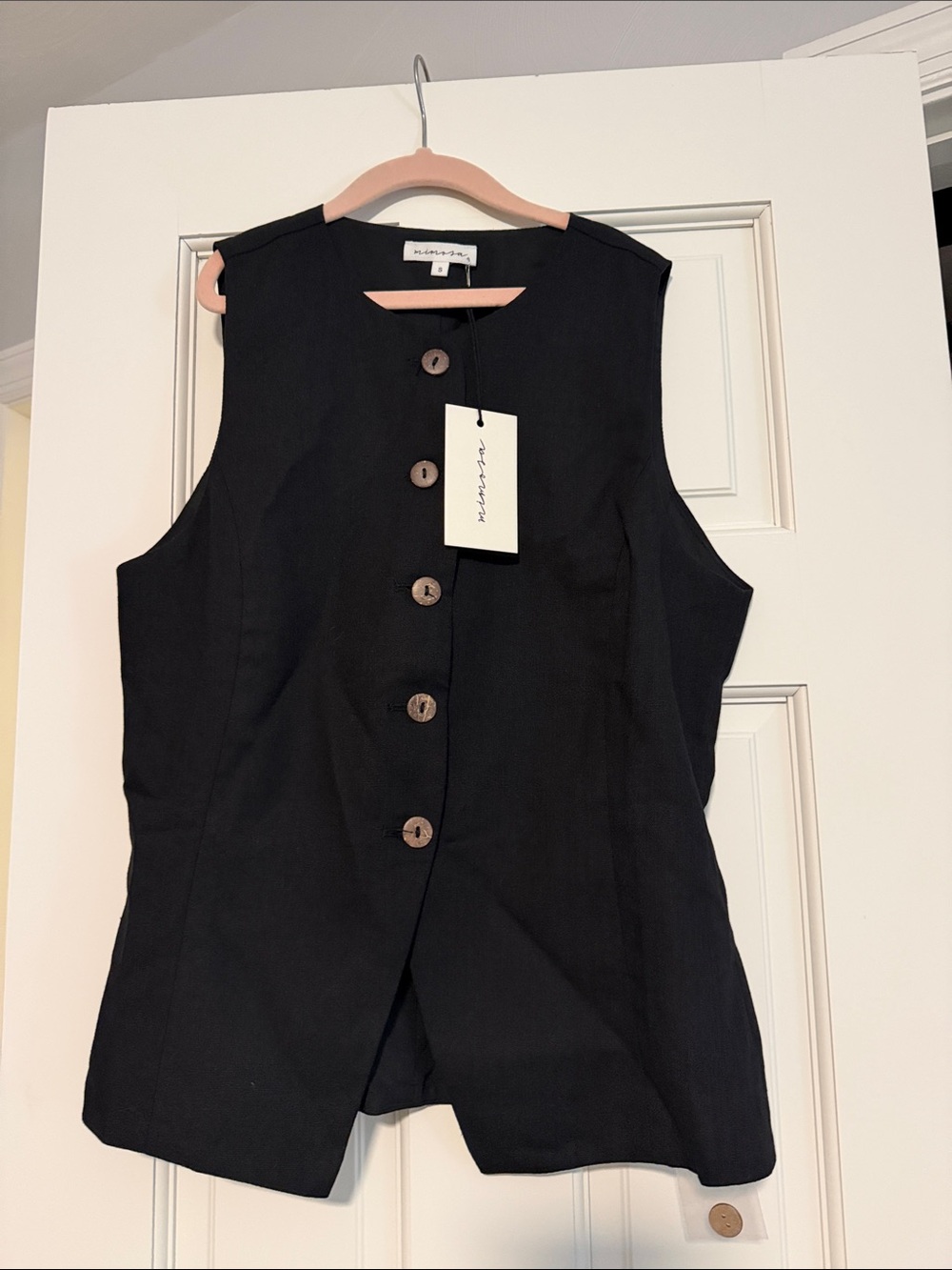 Black Button-Front Sleeveless Vest with Wooden Buttons